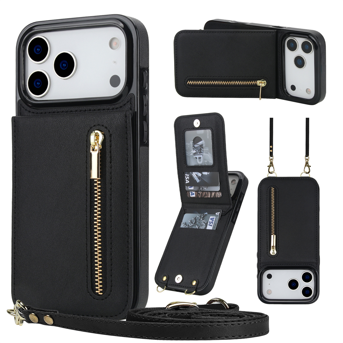 Leather Wallet Card Holder Phone Cover - Crossbody-Reißverschluss-Geldbörse Kartenhalter Leder-Handyhülle für iPhone 16